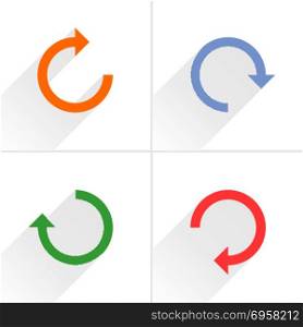Arrow icon refresh, rotation, repeat, reload sign. 4 arrow icon refresh, rotation, reset, repeat, reload sign set 02. Orange, blue, green, red colors pictogram with gray long shadow on white background. Simple flat style vector illustration