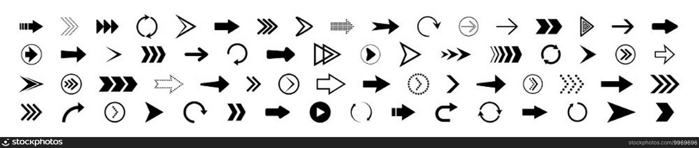 Arrow icon. set of right arrows. Icons for button of next, forward, down, up, back and rewind. Symbols of web navigation. Black signs for direction. Modern logos for app, website. Vector.. Arrow icon. set of right arrows. Icons for button of next, forward, down, up, back and rewind. Symbols of web navigation. Black signs for direction. Modern logos for app, website. Vector