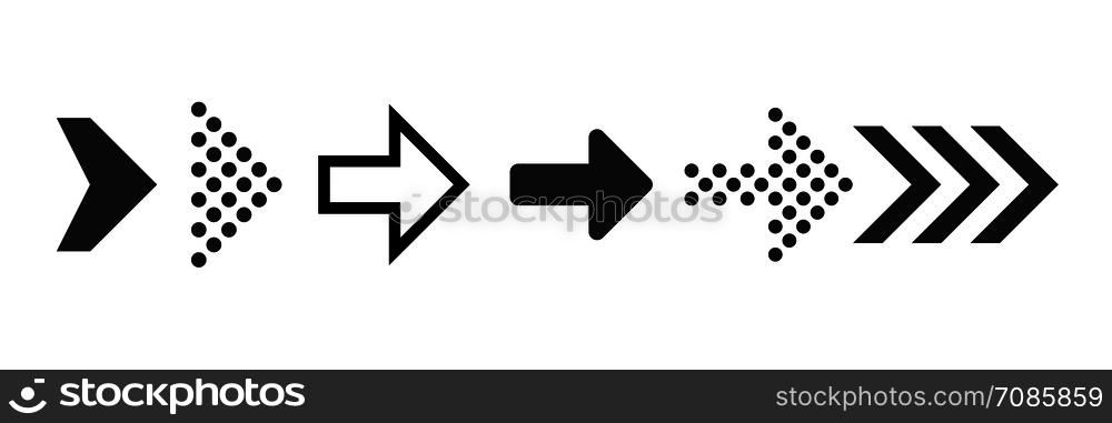 Arrow icons. Black digital symbols and arrows for click next, up or right, pointer buttom and forward, illustration of rewind indicator isolated vector collection. Arrow icons. Black digital symbols and arrows for click next, up or right isolated vector collection