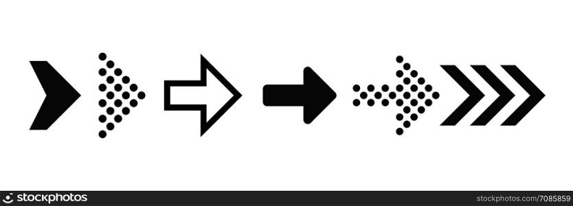 Arrow icons. Black digital symbols and arrows for click next, up or right, pointer buttom and forward, illustration of rewind indicator isolated vector collection. Arrow icons. Black digital symbols and arrows for click next, up or right isolated vector collection
