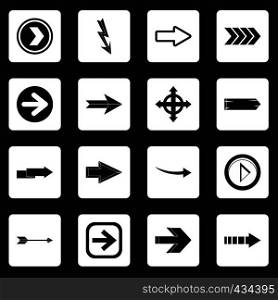 Arrow icons set in white squares on black background simple style vector illustration. Arrow icons set squares vector