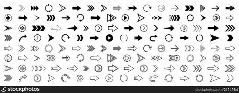 Arrow icons. Set of outline right arrows. Icons for button of next, forward, down, up, back and rewind. Symbols of web navigation. Black signs for direction. Modern logos for app, website. Vector.