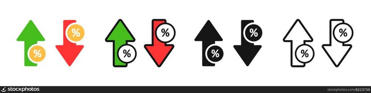 Arrow icons with percentage. Growth and falling percent. Up and down arrow icons set. Increasing or decreasing profits. Vector illustration