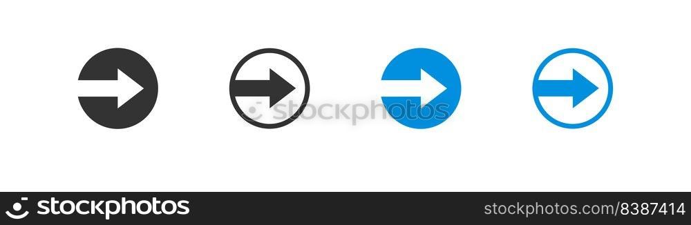 Arrow in round flat blue and black icon. Set arrows pointers mark. Vector isolated illustration.