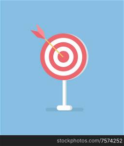 Arrow in target, vector isolated on blue. Accuracy concept, dartboard with dart in center. Business solutions symbol, efficiency and bullseye in red and white. Arrow in Target, Vector Isolated. Accuracy Concept