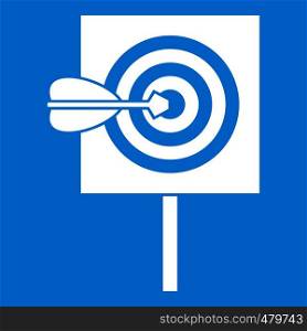 Arrow in the center of target icon white isolated on blue background vector illustration. Arrow in the center of target icon white