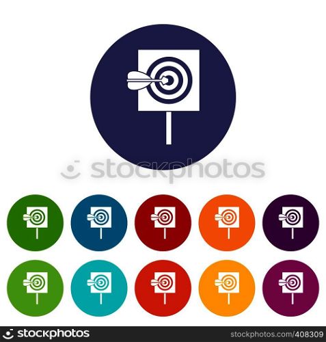 Arrow in the center of target set icons in different colors isolated on white background. Arrow in the center of target set icons