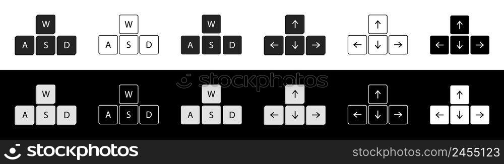 Arrow keyboard. Arrows navigation on keyboard. Icon of down, up, left and right direction. Outline buttons isolated on white and black background. Computer wasd keypad. Vector.