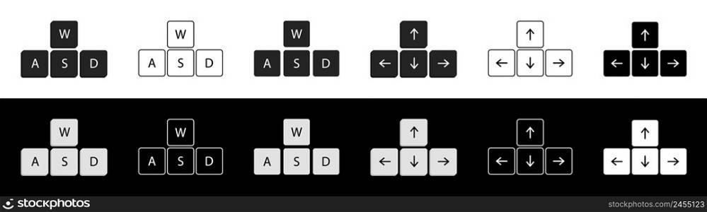 Arrow keyboard. Arrows navigation on keyboard. Icon of down, up, left and right direction. Outline buttons isolated on white and black background. Computer wasd keypad. Vector.