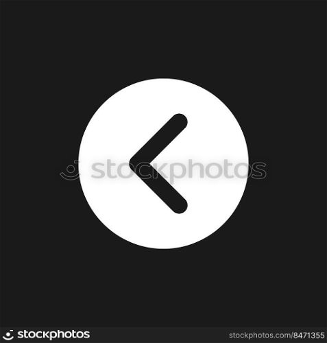 Arrow left button dark mode glyph ui icon. Move back. Previous track. User interface design. White silhouette symbol on black space. Solid pictogram for web, mobile. Vector isolated illustration. Arrow left button dark mode glyph ui icon