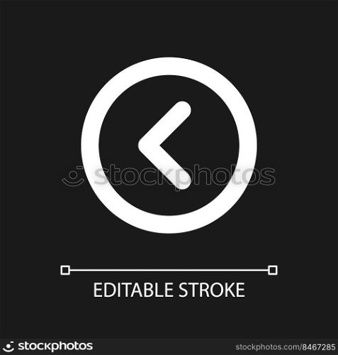 Arrow left button pixel perfect white linear ui icon for dark theme. Move back. Previous track. Vector line pictogram. Isolated user interface symbol for night mode. Editable stroke. Arial font used. Arrow left button pixel perfect white linear ui icon for dark theme