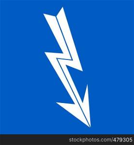 Arrow lightning icon white isolated on blue background vector illustration. Arrow lightning icon white