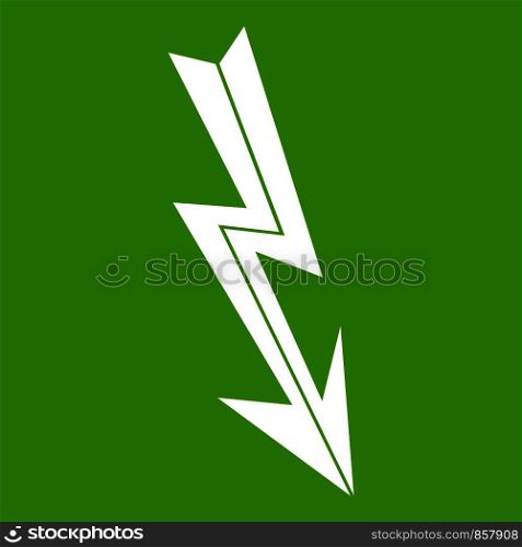 Arrow lightning icon white isolated on green background. Vector illustration. Arrow lightning icon green
