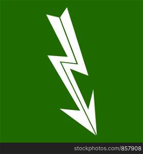 Arrow lightning icon white isolated on green background. Vector illustration. Arrow lightning icon green