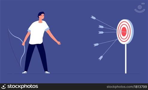 Arrow past target. Upset man, business failure metaphor. Bad startup, fail investments or financial bankruptcy vector illustration. Missing aiming, target and archer, mistake opportunity. Arrow past target. Upset man, business failure metaphor. Bad startup, fail investments or financial bankruptcy vector illustration