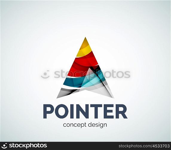 Arrow pointer logo business branding icon, created with color overlapping elements. Glossy abstract geometric style, single logotype