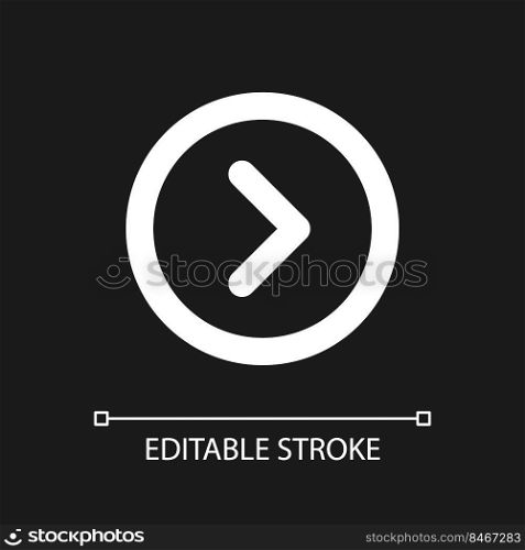 Arrow right button pixel perfect white linear ui icon for dark theme. Next track. Menu command. Vector line pictogram. Isolated user interface symbol for night mode. Editable stroke. Arial font used. Arrow right button pixel perfect white linear ui icon for dark theme