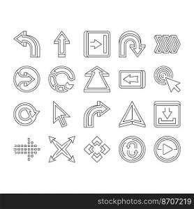 arrow right next sign up icons set vector. web direction, pointer, forward cursor, button digital orientation, previous shape arrow right next sign up black contour illustrations. arrow right next sign up icons set vector