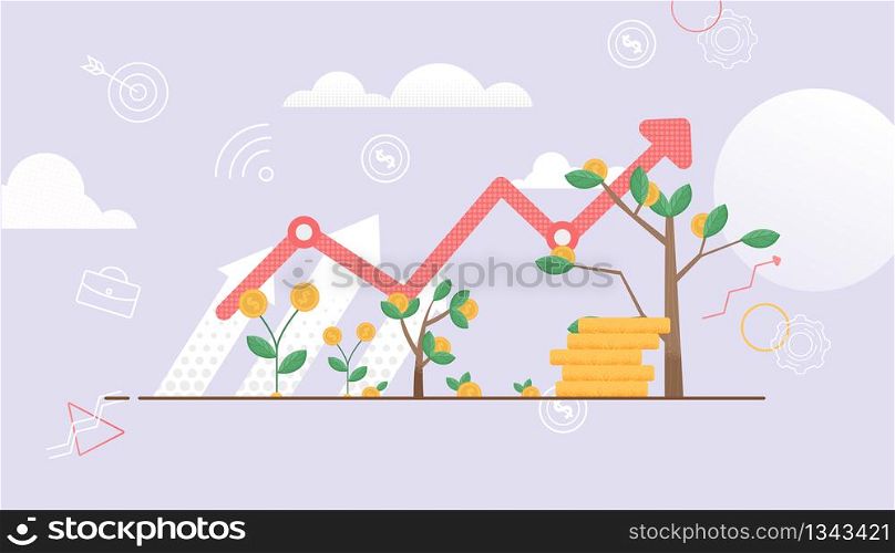 Arrow shows up. Tree Symbol Constant Growth. Cash Investment are Growing. Deposit Bring Interest. Vector Illustration. Financial move Up Profit. Big Profit from Money Invest in Business.