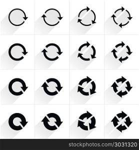 Arrow sign refresh, rotation, reset, repeat icon. 16 arrow flat icon with gray long shadow. Black sign on white background. Tidy, clean, simple, minimal, solid, plain style. Vector illustration web internet design element save in 8 eps