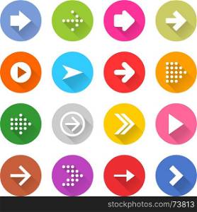 Arrow sign web icon set flat style. 16 arrow icon set 01 white sign on color . Web button on white background. Simple minimalistic mono flat long shadow style. Vector illustration internet design graphic element 10 eps