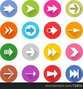 Arrow sign web icon set flat style. 16 arrow icon set 01 white sign on color . Web button on white background. Simple minimalistic mono flat long shadow style. Vector illustration internet design graphic element 10 eps