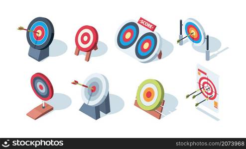 Arrow target. Archery goals game performance dartboards garish vector isometric pictures. Illustration aiming and achievement in marketing. Arrow target. Archery goals game performance dartboards garish vector isometric pictures