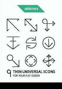 Arrow thin line icon set - 9 computer symbols for your flat deisgn