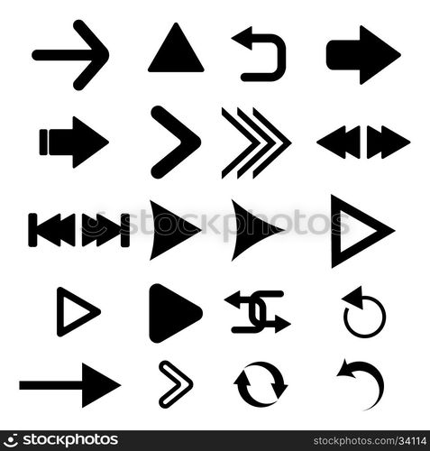 Arrow vector button icon set black color on white background. Isolated interface line symbol for app, web and music digital illustration design.