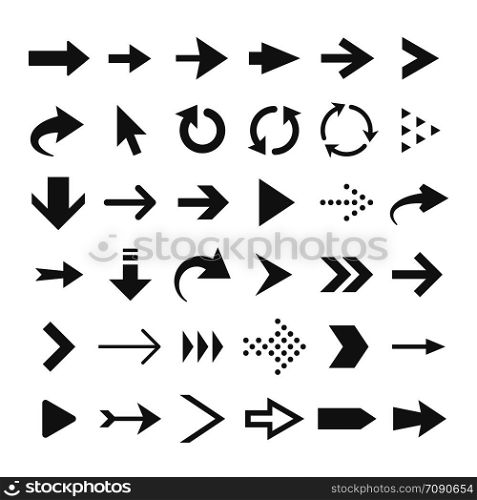 Arrow web icons isolated, cursor arrows, download and next page navigation buttons vector set. Interface forward arrow, circular arrow pointer illustration. Arrow web icons isolated, cursor arrows, download and next page navigation buttons vector set
