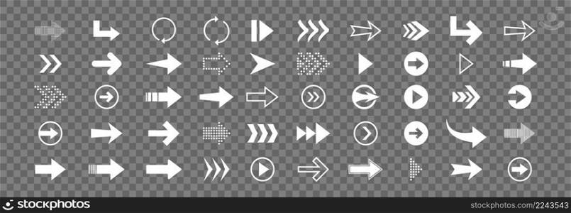 Arrow white icon set in flat. Cursor line button. Vector illustration for web design on a transparent background