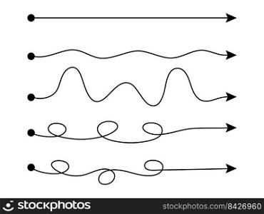 Arrow winding line set. Curve arrows way collection. Vector isolated on white.. Arrow winding line set.