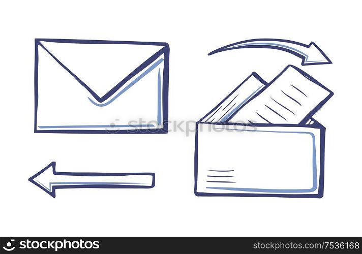 Arrows and correspondence, pointers and indicators design set vector. Mails and messages with pages and information. Letters in envelope with data. Arrows and Correspondence Pointers Set Vector