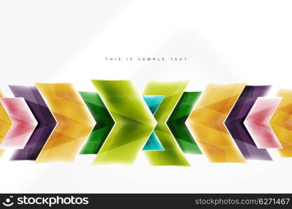 Arrows and triangles background. Vector web brochure, internet flyer, wallpaper or cover poster layout design. Geometric style, colorful realistic glossy arrow shapes with copyspace. Directional idea banner