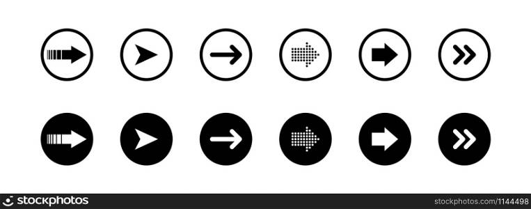 Arrows black and white color in circle. Arrows vector icons, isolated on white background. Arrow. Arrows different shape and modern simple flat style for web design. Vector illustration