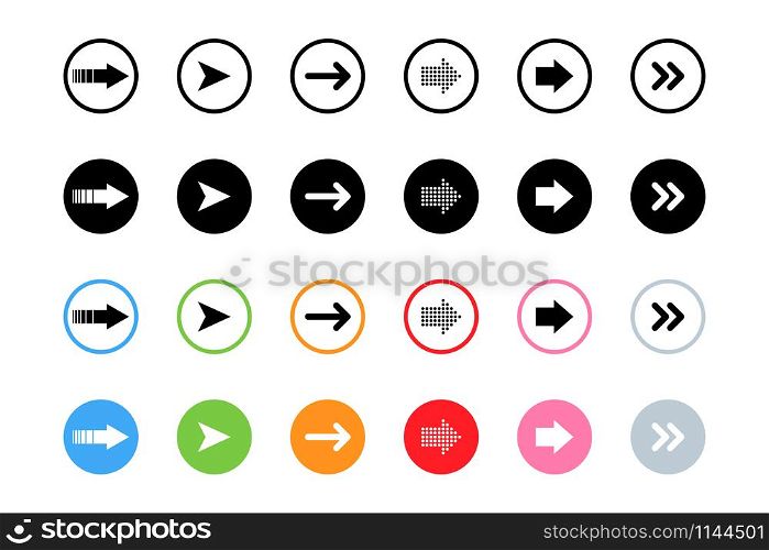Arrows Black and White color in colorful circles. Big set of Arrows in modern simple flat design. Arrow vector icon. Arrows isolated on white background. Vector illustration