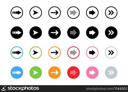 Arrows Black and White color in colorful circles. Big set of Arrows in modern simple flat design. Arrow vector icon. Arrows isolated on white background. Vector illustration