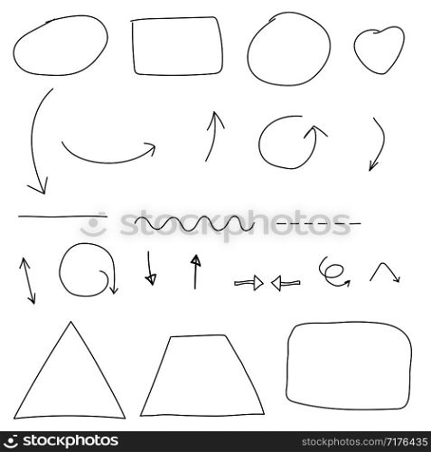 arrows circles and abstract doodle writing design vector on white background. set business doodles.