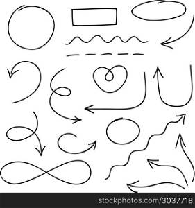 Arrows, circles and doodle symbols vector set. Arrows, circles and doodle symbols vector set. Line arrow sign and drawing doodle arrows illustration