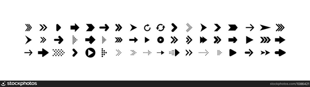 Arrows collection. Big set of Arrows Vector Icons, isolated on white background. Arrow different shapes in modern simple flat style for web design. Vector illustration