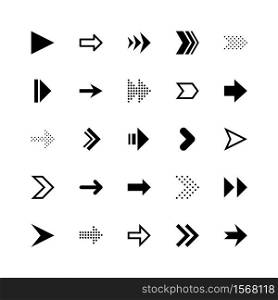Arrows collection for navigation or loading web buttons vector symbol icons set. Black arrow as a pointer forward and down page, design, recycle. Isolated collection of Arrows for web sites.. Arrows collection navigation loading web buttons black arrow pointer turn cursor forward down page design recycle icons vector symbol set