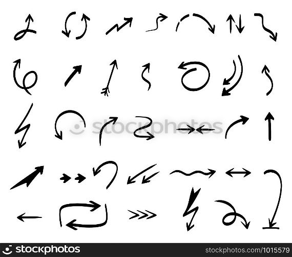 Arrows collection. Hand drawing abstract shapes coordination direction arrows vector series. Arrow curve line doodle, pointer stroke illustration. Arrows collection. Hand drawing abstract shapes coordination direction arrows vector series