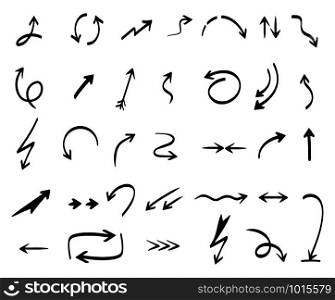 Arrows collection. Hand drawing abstract shapes coordination direction arrows vector series. Arrow curve line doodle, pointer stroke illustration. Arrows collection. Hand drawing abstract shapes coordination direction arrows vector series