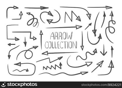 Arrows. Collection of hand drawn arrows. Handmade sketch. Arrows icons set. Hand drawn pointers. Vector illustration
