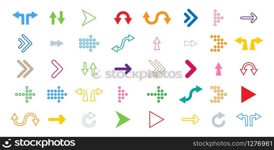 Arrows colorful icons. Arrow. Arrow icons, isolated on white background. Cursors different color in flat style. Panorama view. Cursor vector icon. Vector illustration