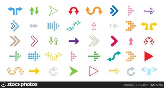 Arrows colorful icons. Arrow. Arrow icons, isolated on white background. Cursors different color in flat style. Panorama view. Cursor vector icon. Vector illustration