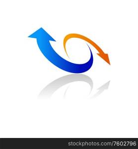 Arrows direction symbols isolated. Vector circular movement of thin orange and blue pointers. Pointers, blue and orange arrows circulating
