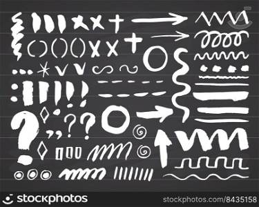 Arrows, dividers and borders, elements hand drawn set vector illustration on chalkboard background. Arrows, dividers and borders, elements hand drawn set vector illustration on chalkboard background.