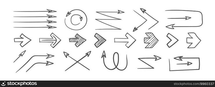 Arrows. Grunge arrows. Hand drawn arrows. Set of vector curved arrows. Sketch doodle style. Vector illustration