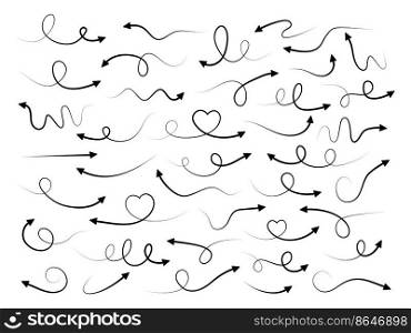 Arrows hand drawn style collection. Arrow doodle mark elements set. Vector isolated on white.. Arrows hand drawn style collection.